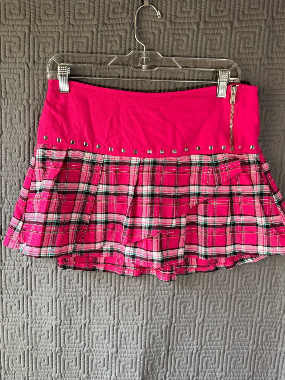 Justice Girls Skort Plaid Pleated Hot Pink Studded Mini Skirt Shorts Size 18 Y2K